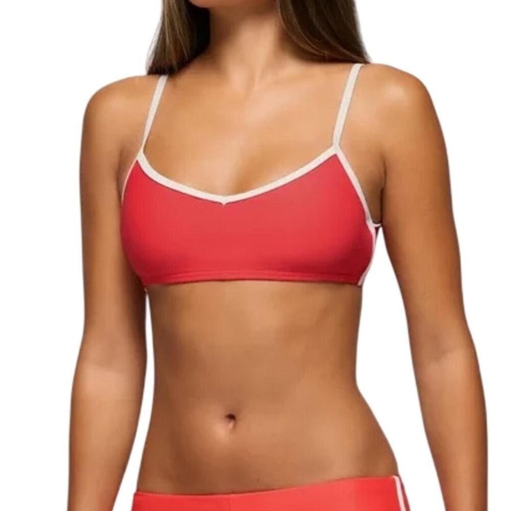 Prana Tropic Kiss Swim Top Women S Rose Fire Contrast Piping Fixed Straps Sporty